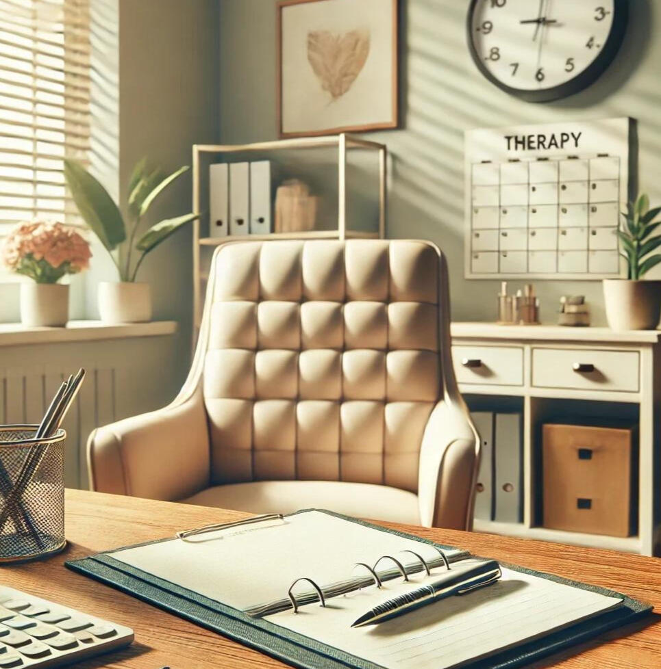 How Does This Work Professional therapy office setup with a desk prepared for goal-setting discussions. A notepad and pen rest on the desk, along with a calendar labeled with the current month, and a wall art piece subtly spelling out 'THERAPY.' A clock with a standard two-h