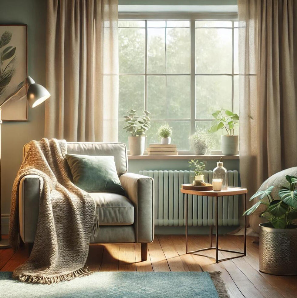 Homepage Office Image Calm and welcoming therapy office with a cozy armchair draped with a soft blanket, next to a small table holding a green plant. The room is softly lit with gentle daylight streaming through a large window, showing a peaceful view of greenery outside. Decor